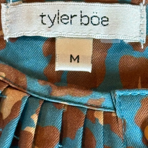 Tyler Boe Teal Leopard Print Smocked Peasant Top Brown Flower Buttons Sz M - Picture 5 of 12